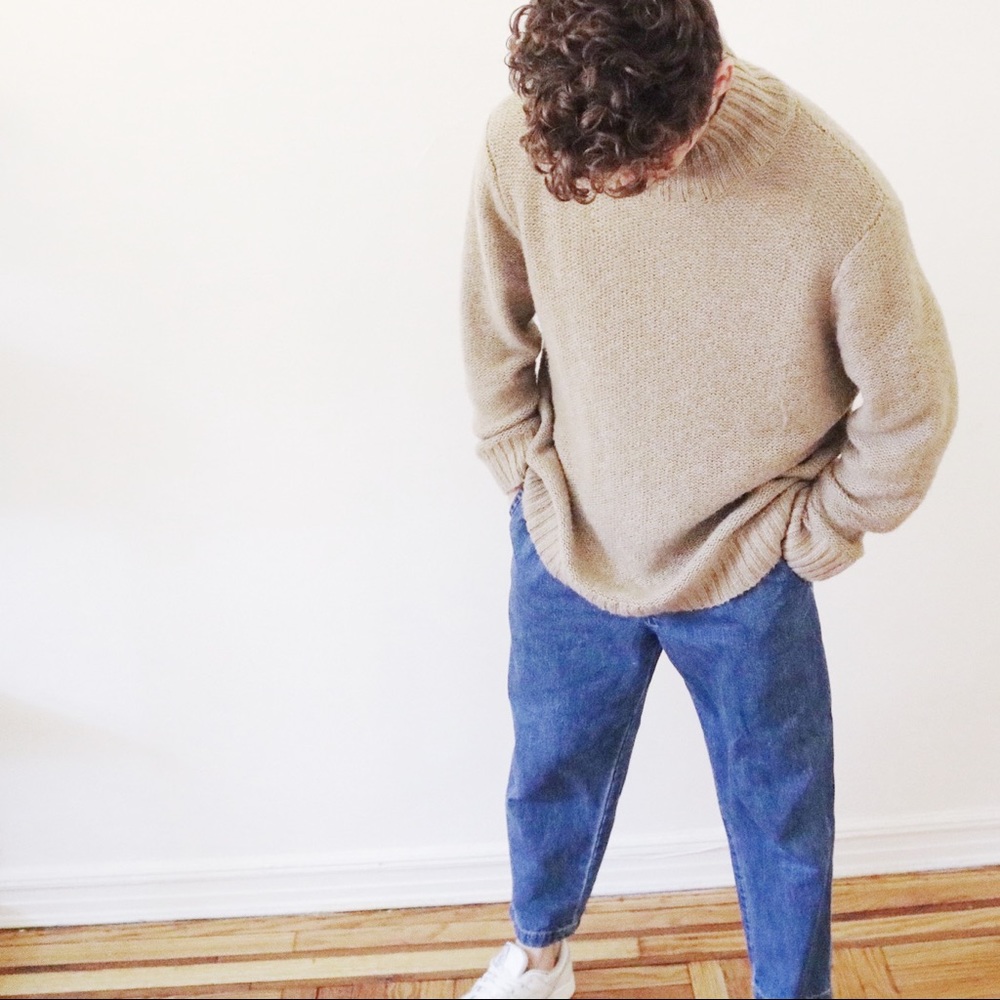 Oversized chunky knit camel mock neck sweater